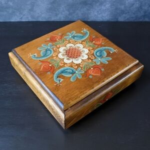 Vintage Hand Painted Peacock Heart Floral Folk Art Wooden Box